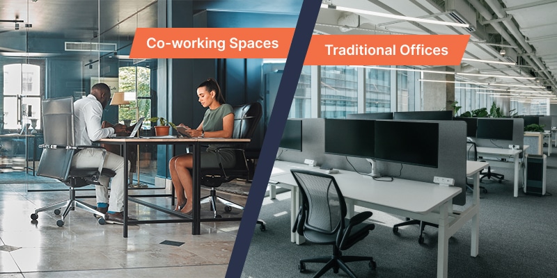 Comparison of a modern coworking space with a traditional cubicle office.